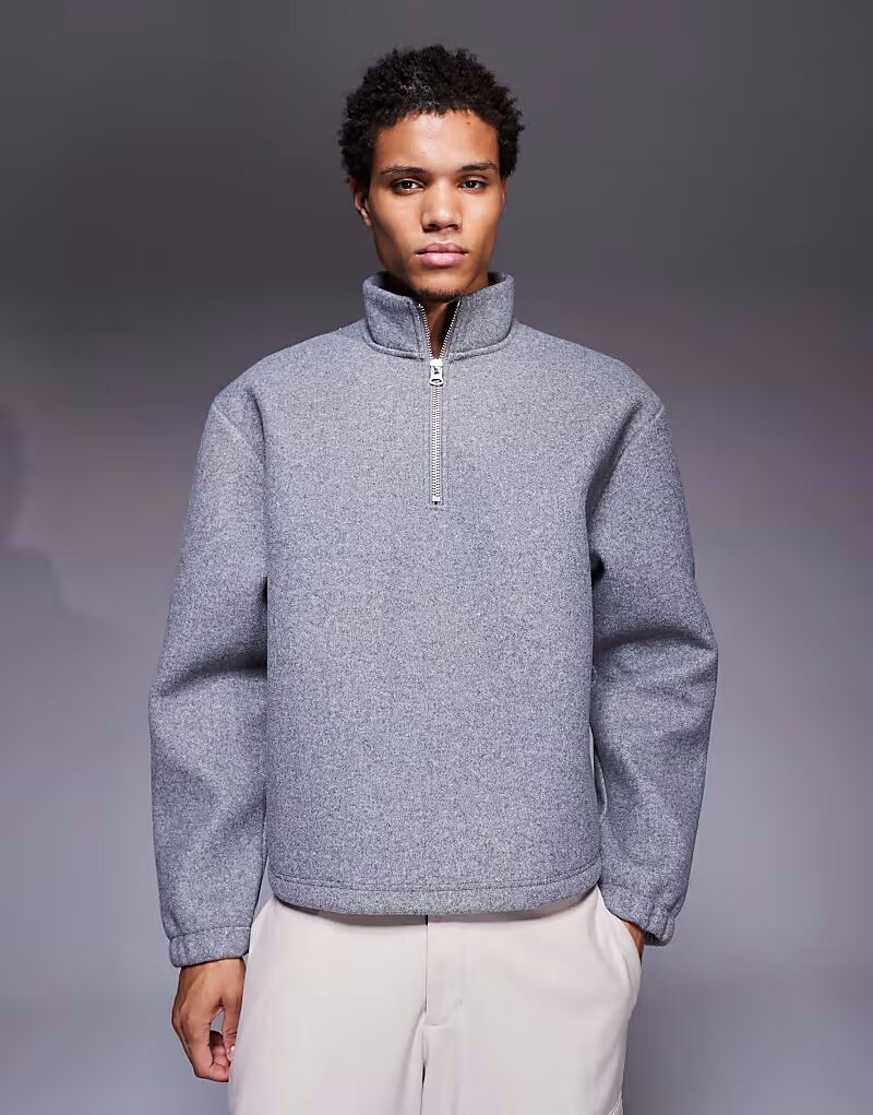 

Свободный фетровый свитшот с воротником-стойкой и застежкой-молнией на четверть метра, серый Asos Design