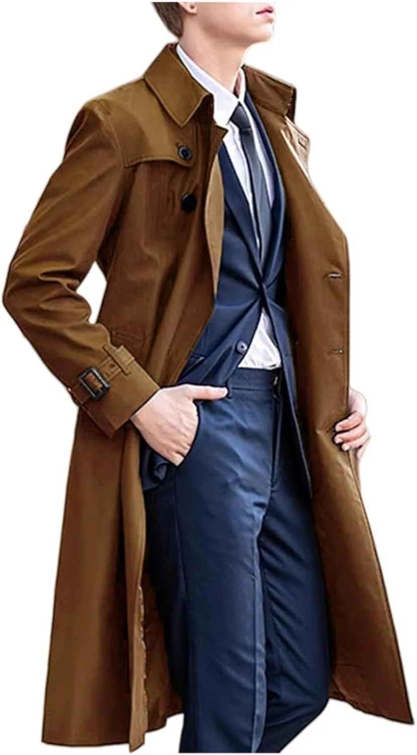 Мужское тренч пальто Single Breasted Slim Fit средней плотности с лацканами длинное осеннее повседневное винтажное ветрозащитное пальто Peacoat Generic, коричневый — фото 3