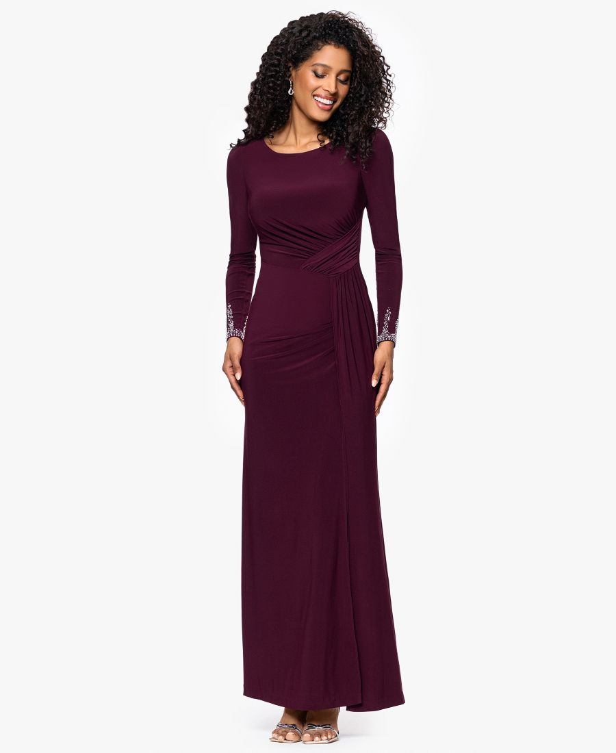 

Женское платье с длинными рукавами и манжетами, украшенными бисером Betsy & Adam, Wine