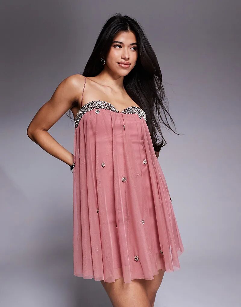 

Мини-платье бэби-долл ASOS DESIGN с декоративным воротником, подкладкой и сетчатым верхом, нежно-розового цвета
