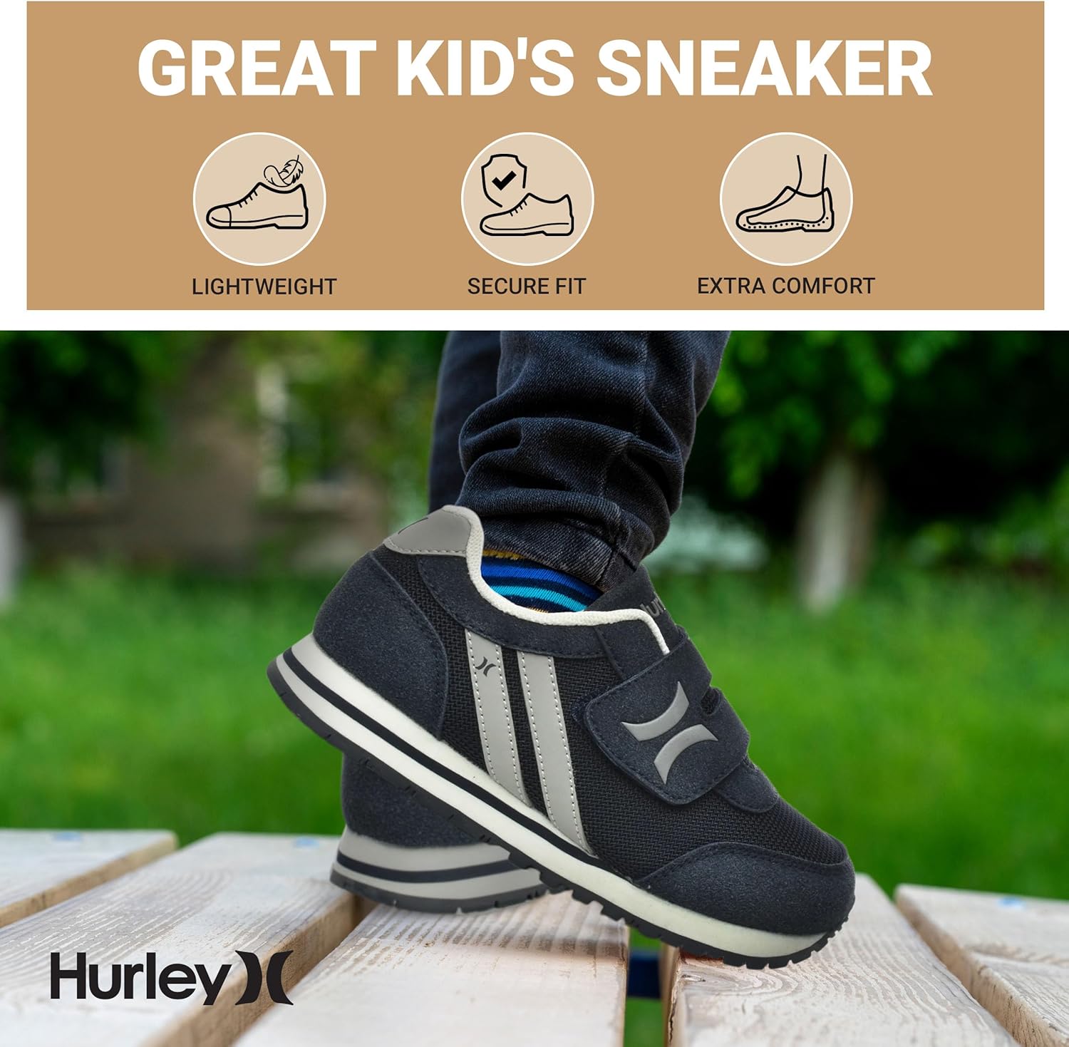 Детские кроссовки Hurley Kid's Knox для ходьбы - детские кроссовки с липучкой для легкого надевания, легкие обувь для бега и ходьбы для мальчиков и девочек, кроссовки для малышей, синий/серый/темно-синий — фото 3