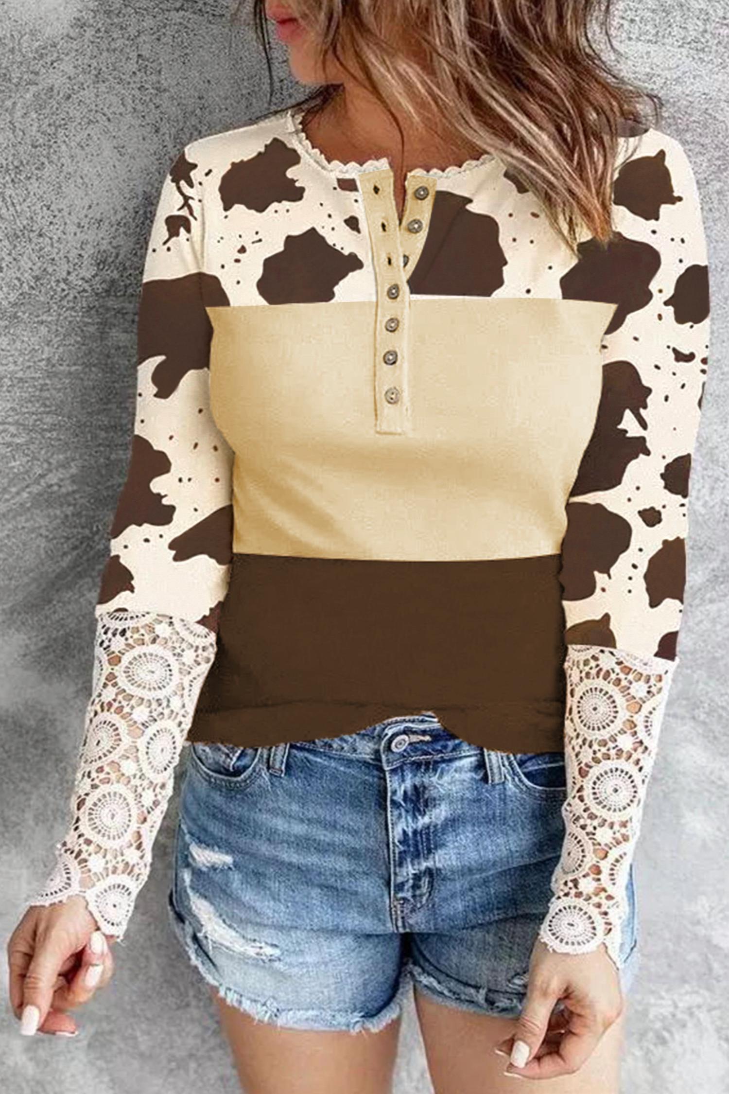 

Топ с длинными рукавами из коровьего кружева коричневого цвета Shewin