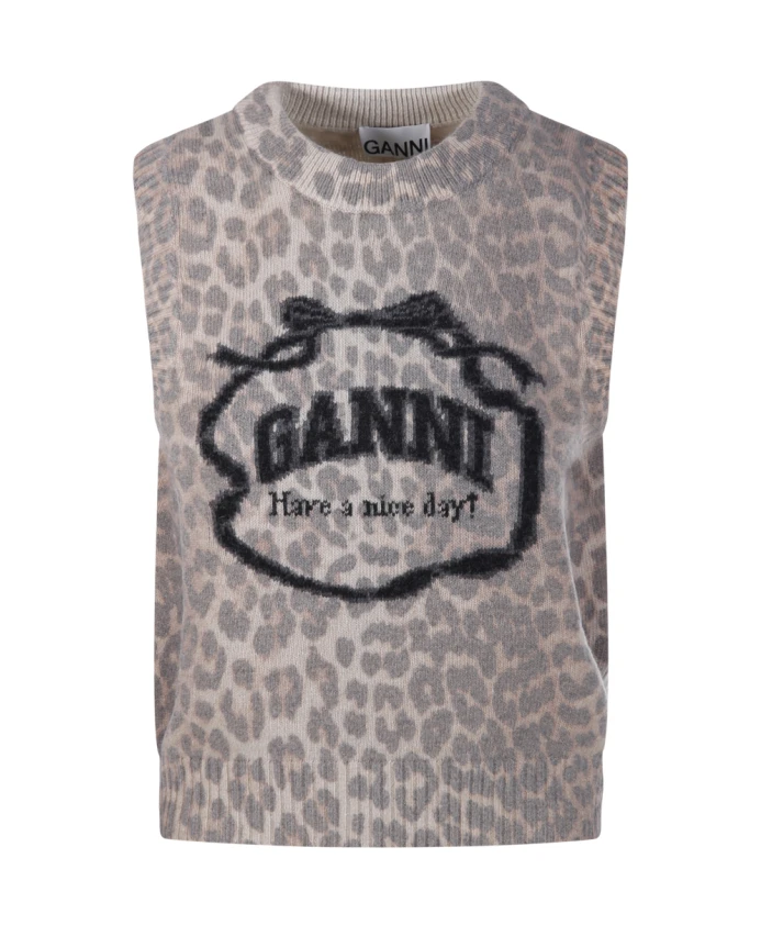 

Шерстяной жилет с графическим рисунком Ganni, коричневый