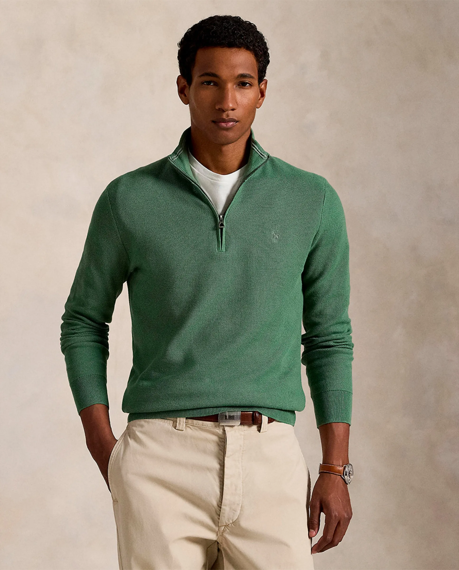 

Мужской свитер из пике и хлопка с короткой молнией Polo Ralph Lauren, металлический зеленый