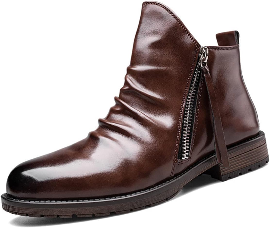 

Мужские плиссированные ботильоны «челси» Hopomart, ботинки на платформе с двойной молнией и противоскользящим покрытием, модные кожаные ботинки для верховой езды, коричневый