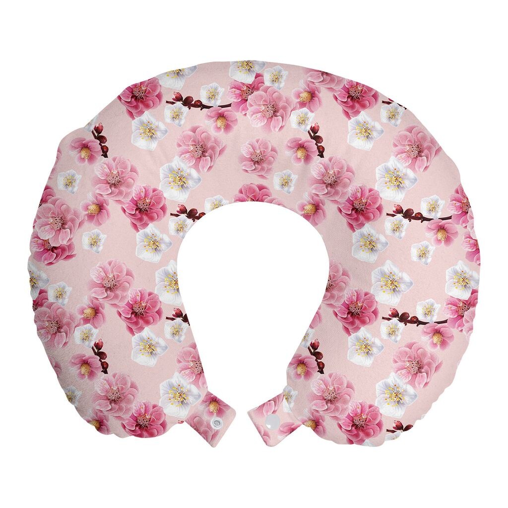 

ABAKUHAUS Flowers Дорожная подушка для шеи, китайский цветочный узор, пенопластовые дорожные принадлежности для самолета и автомобиля, 30x30 см, нежно-розовый, пастельно-розовый