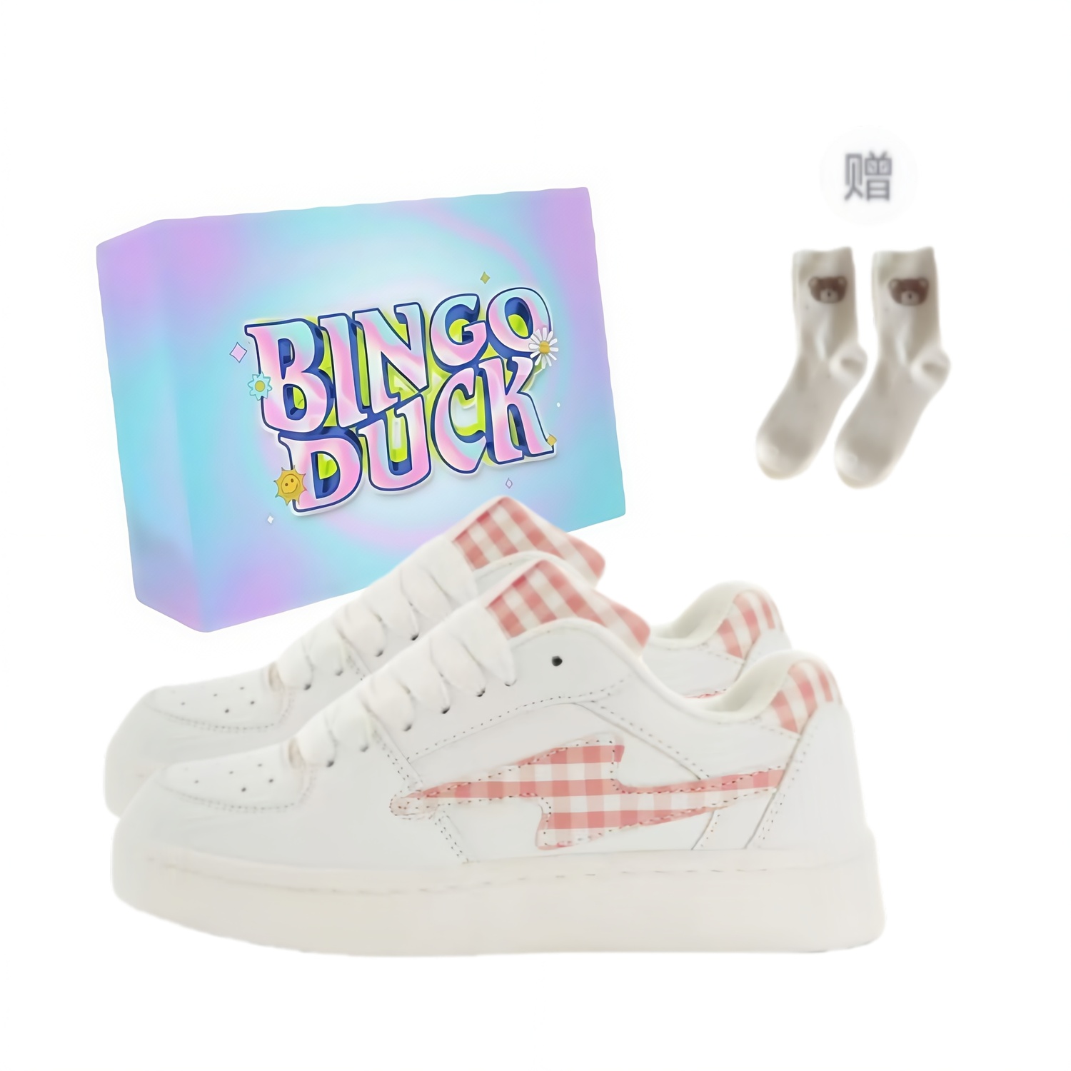 

BINGO DUCK Дышащие лоу-топы для скейтборда унисекс бело-розовые + эксклюзивная коробка для обуви + носки в подарок, цвет White Pink+Exclusive Shoe Box+Gift Socks
