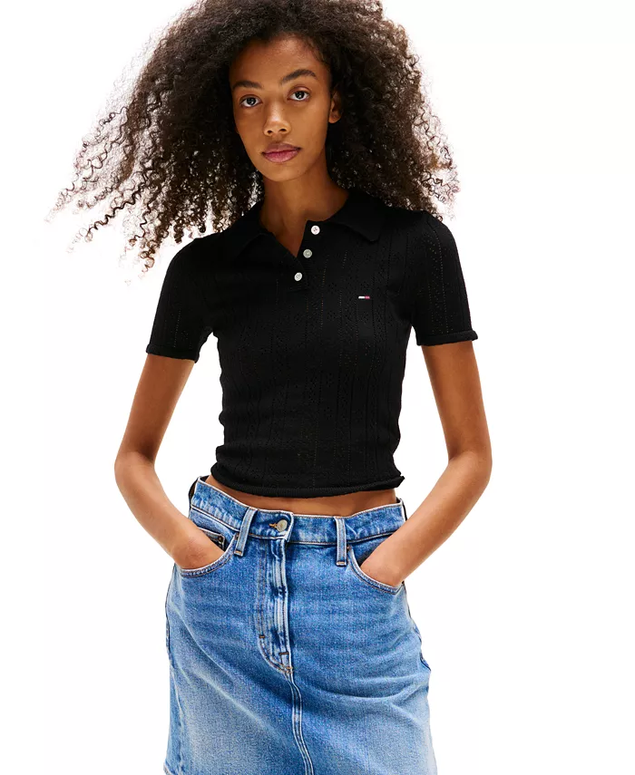

Женский укороченный поло-свитер с ажурной вязкой Tommy Jeans, черный