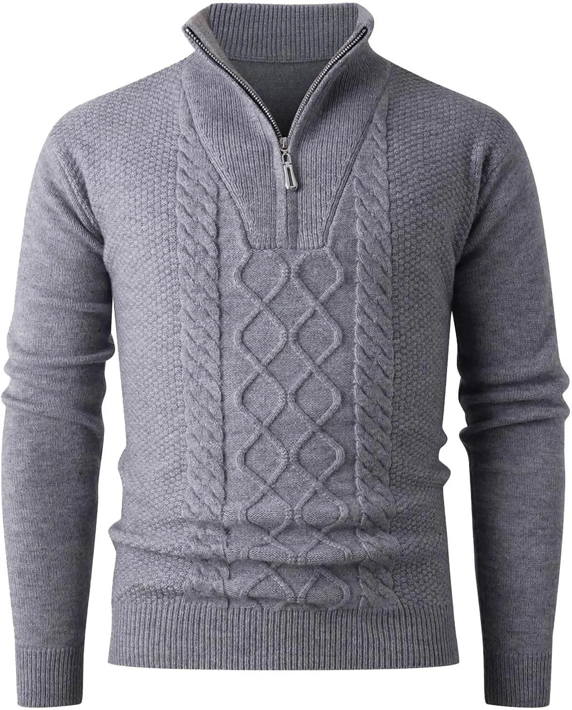

Мужской свитер с четвертью молнии и воротником стойкой, кабельная вязка, slim fit
