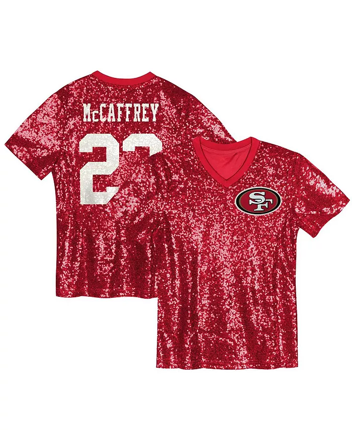 

Женская футболка Christian McCaffrey Scarlet San Francisco 49ers с именем игрока и номером, V-образным вырезом Outerstuff