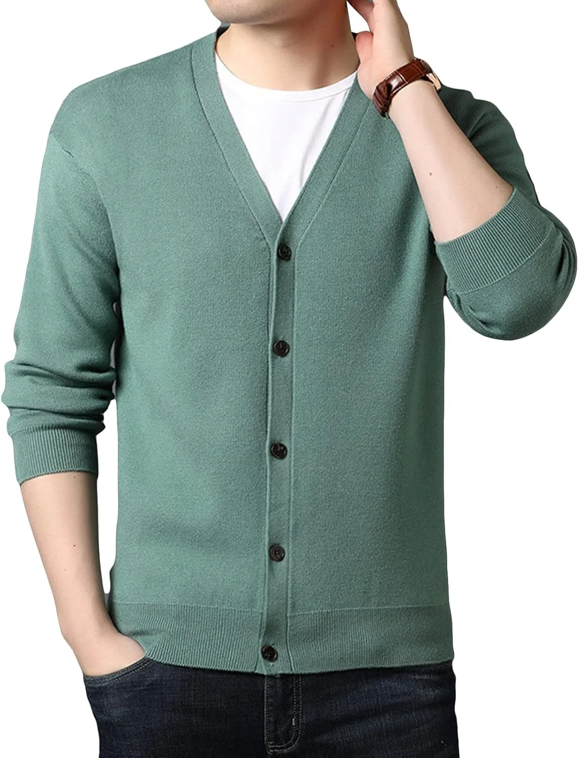 

Мужской кардиган на пуговицах, вязаный свитер с v-образным вырезом, легкий, однотонный JEsilunmaMY