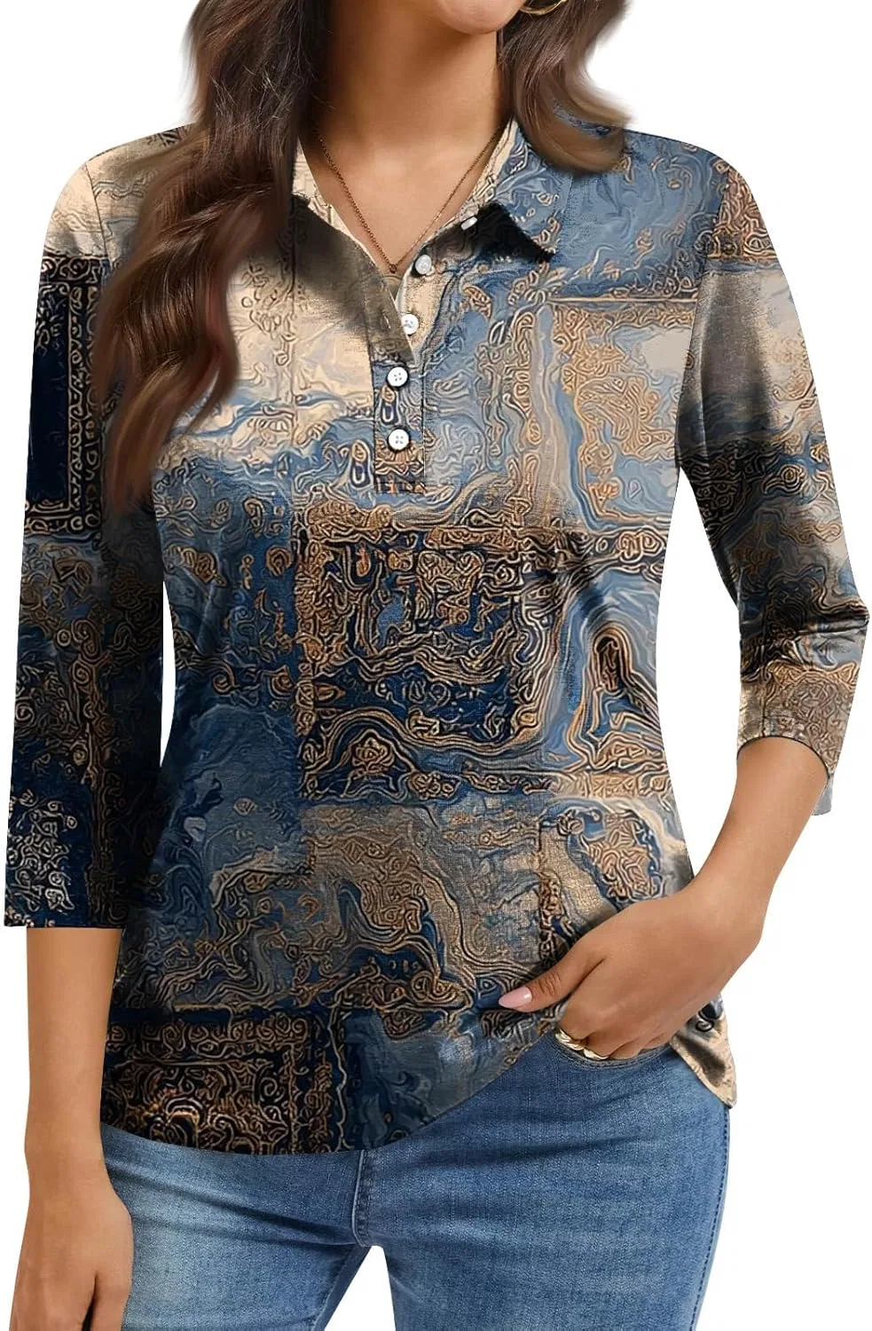 Блуза с воротником и коротким рукавом 3/4, Generic, Light Blue