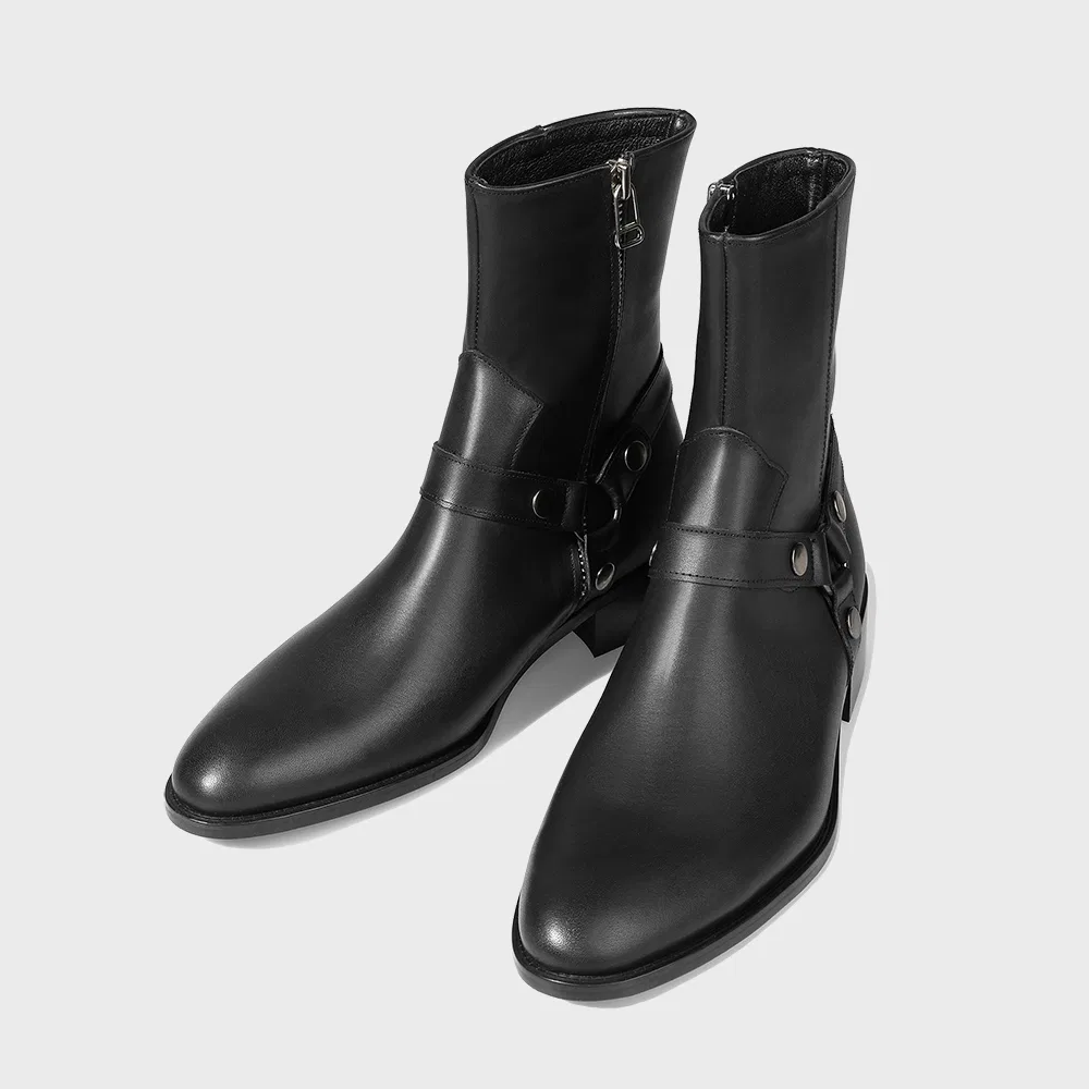 Мужские кожаные ботинки на молнии Slim Toe Velcro Line, блестящие чёрные, от Firenze.A