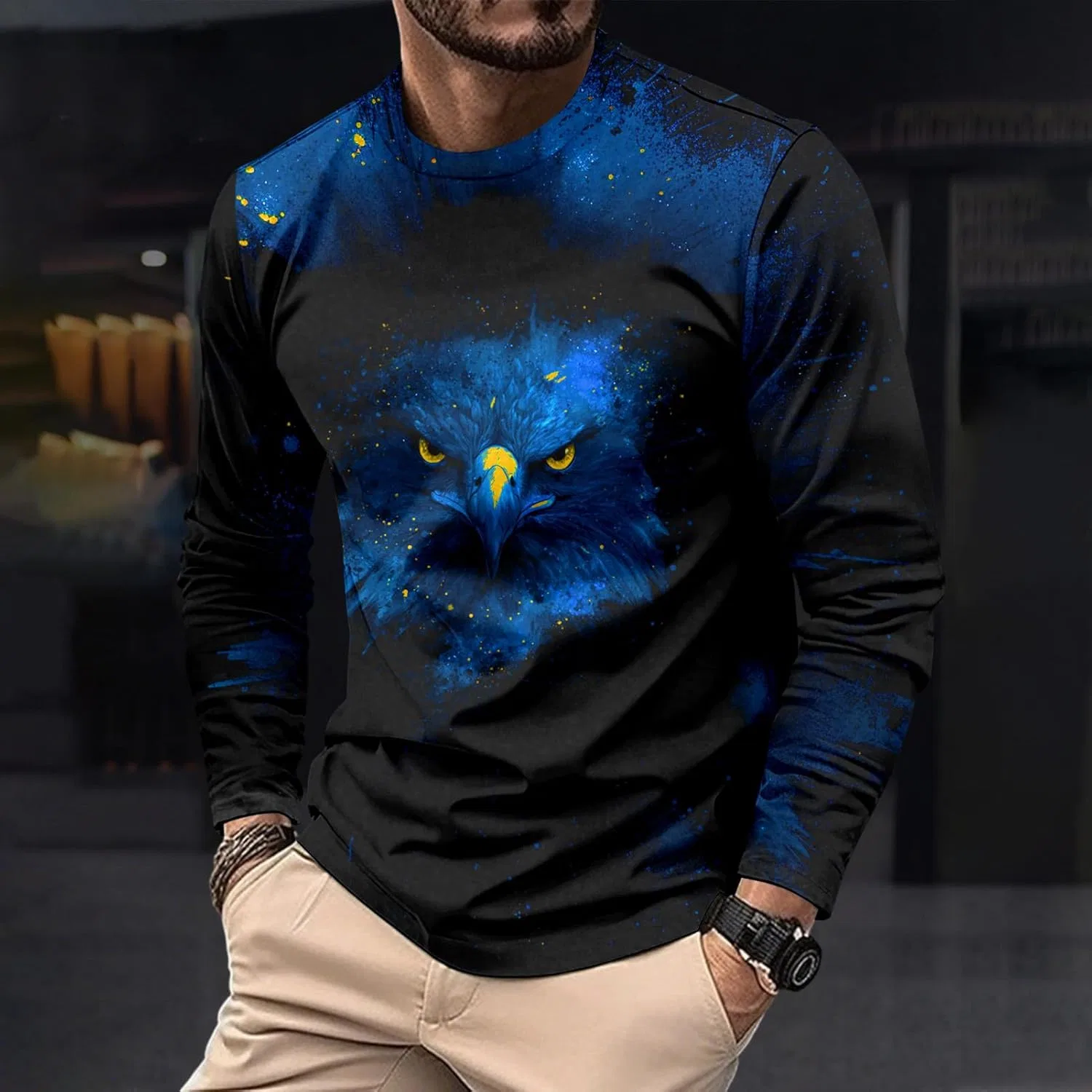 Мужская футболка с длинным рукавом - Crewneck Animal | Повседневная футболка Regular Fit, модный пуловер для ежедневной носки Generic, синий — фото 2