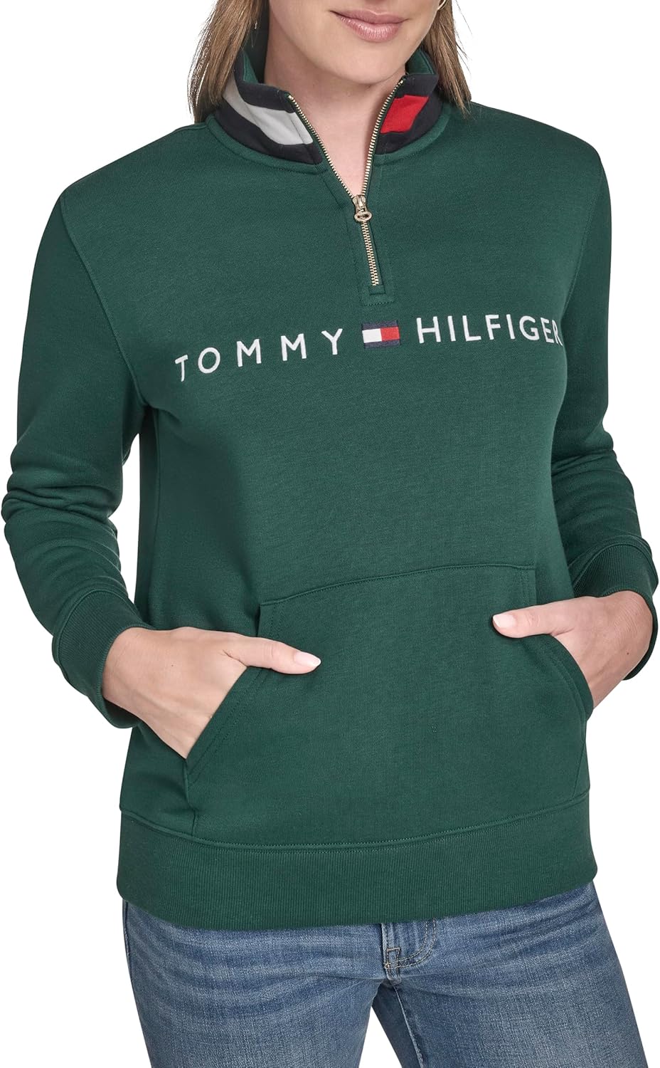 

Женская флисовая толстовка Tommy Hilfiger с воротником-стойкой и застежкой-молнией 1/4. Мягкая., Forest