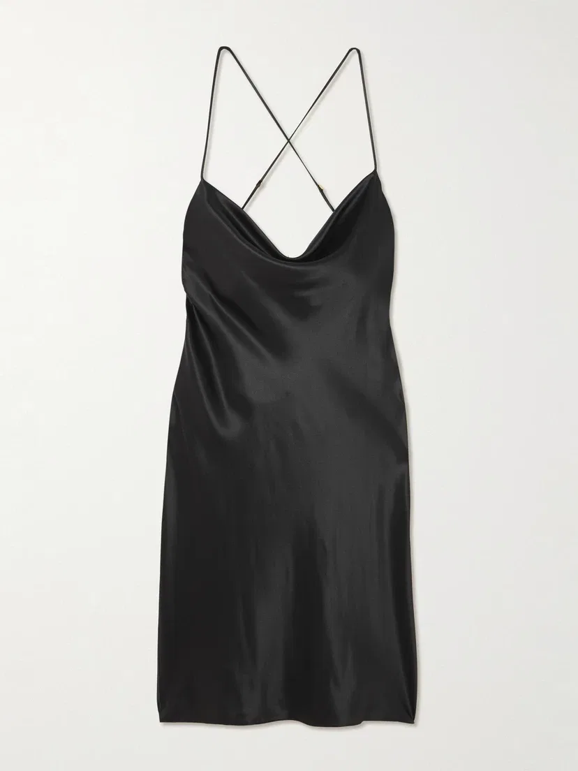 Драпированное мини-платье из шелкового атласа SAINT LAURENT, черный