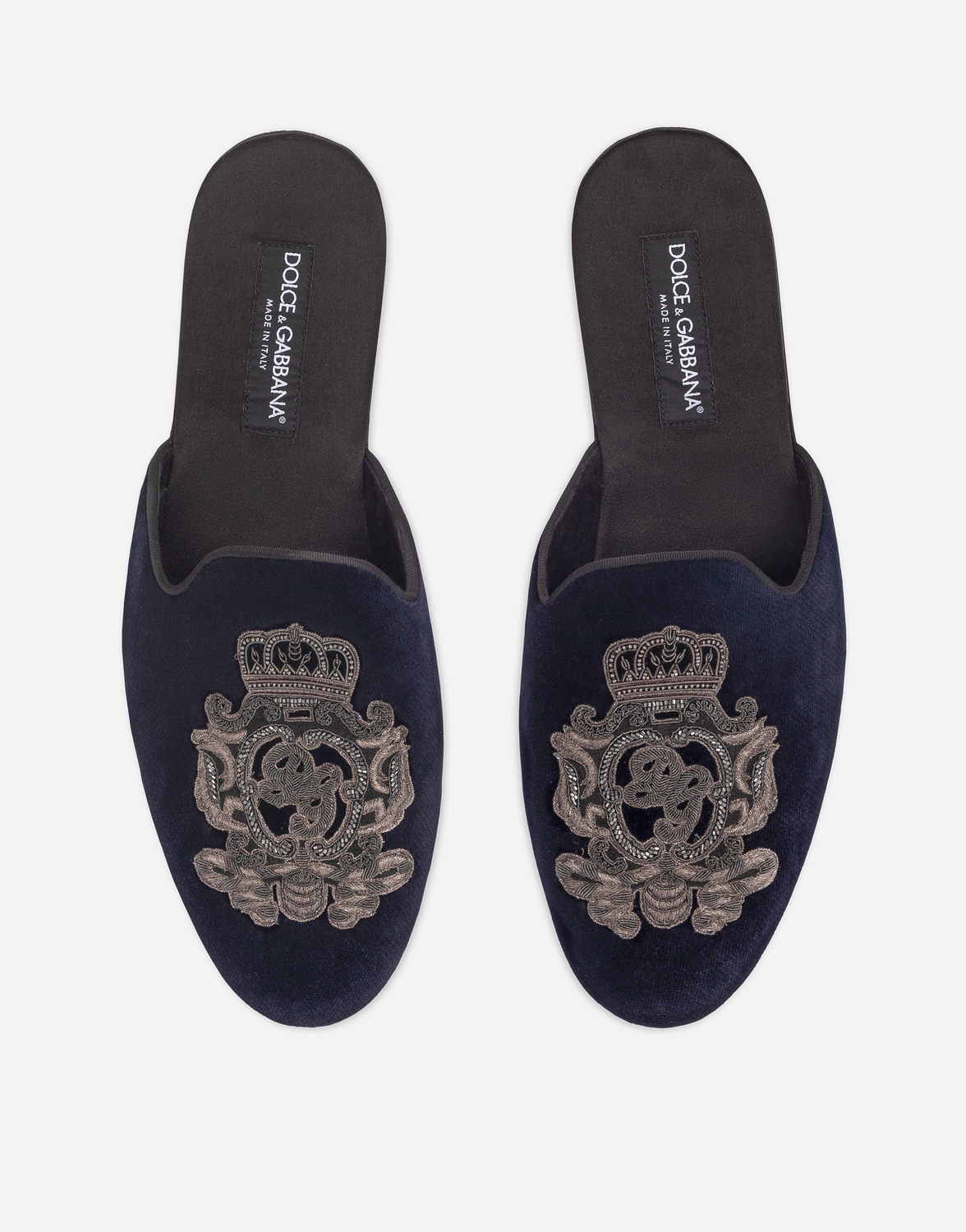 Вельветовые тапочки с вышивкой герба Dolce & Gabbana, синий — фото 4
