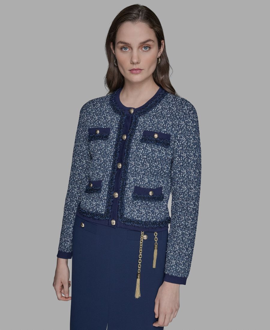 

Женский фактурный вязаный свитер на пуговицах, размеры P/XS-XL KARL LAGERFELD PARIS, Blue/Soft White