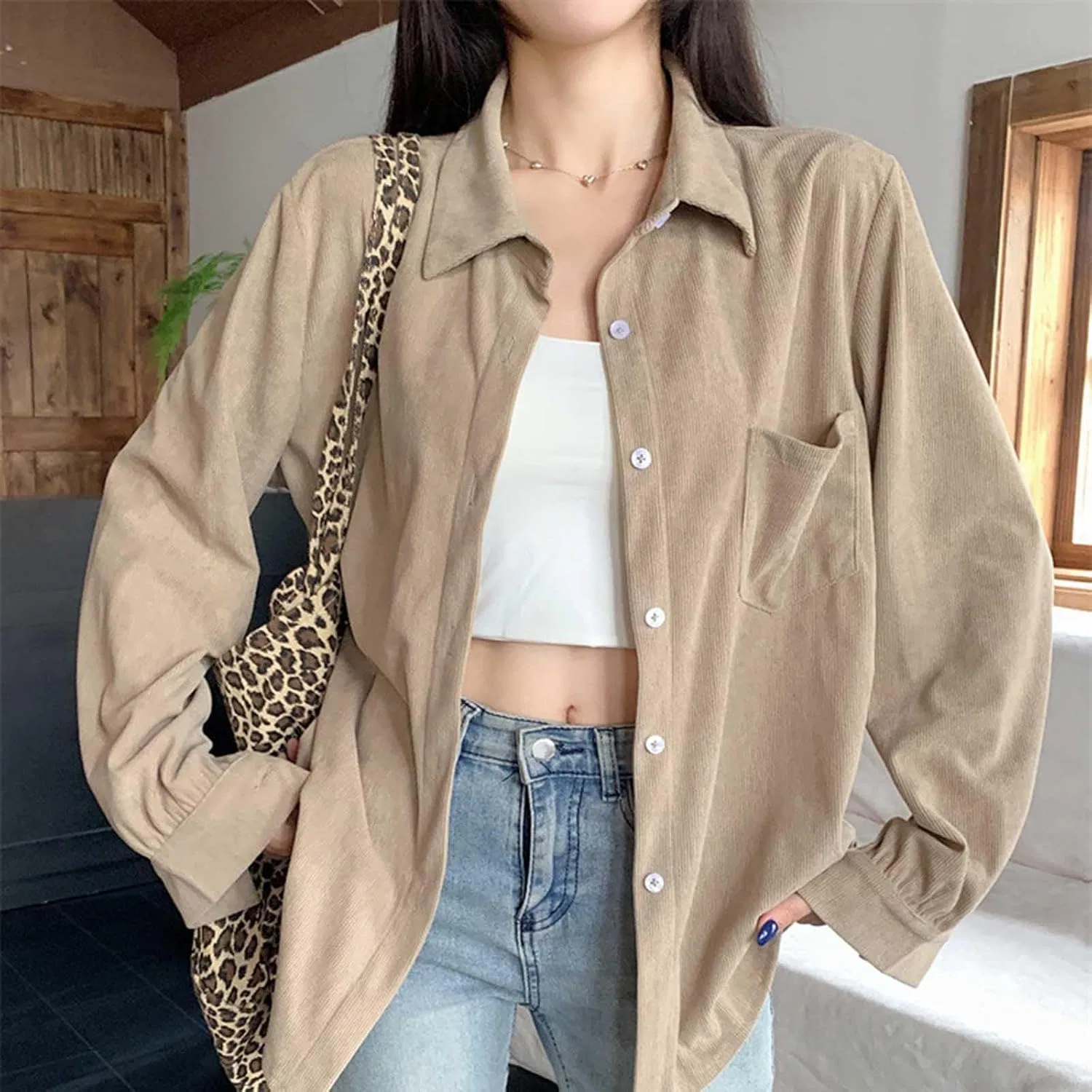 Блуза, длинный рукав, Corduroy Shirt, хаки — фото 2