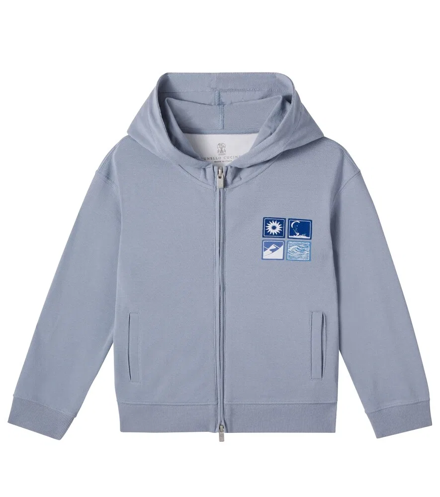 Худи на молнии из хлопка с принтом Brunello Cucinelli Kids, синий