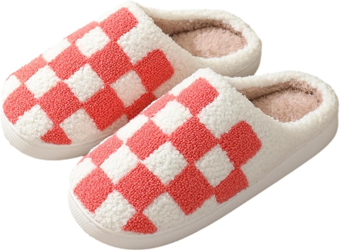 

Женские и мужские ретро-теплые пушистые домашние тапочки с лицевой отделкой, мягкие и уютные, с клетчатым узором, милые, стираемые, с удобной посадкой, для дома зимой Sxlingdo, красный