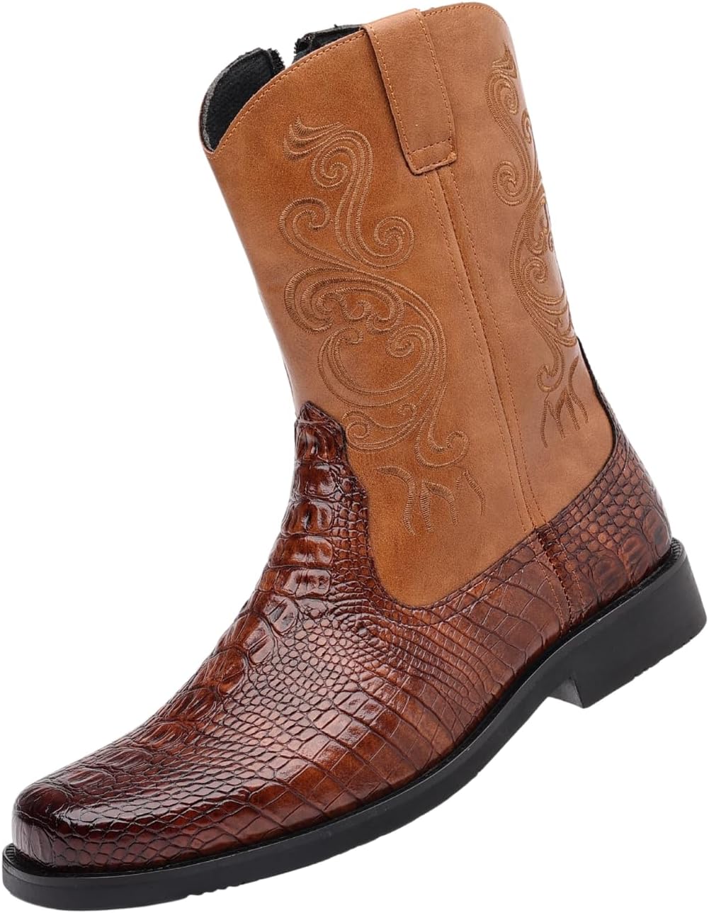 

Мужские западные ботинки с рисунком под змею, вышитый голенищем средней высоты, круглый носок, верх из синтетики Hawecobo, коричневый