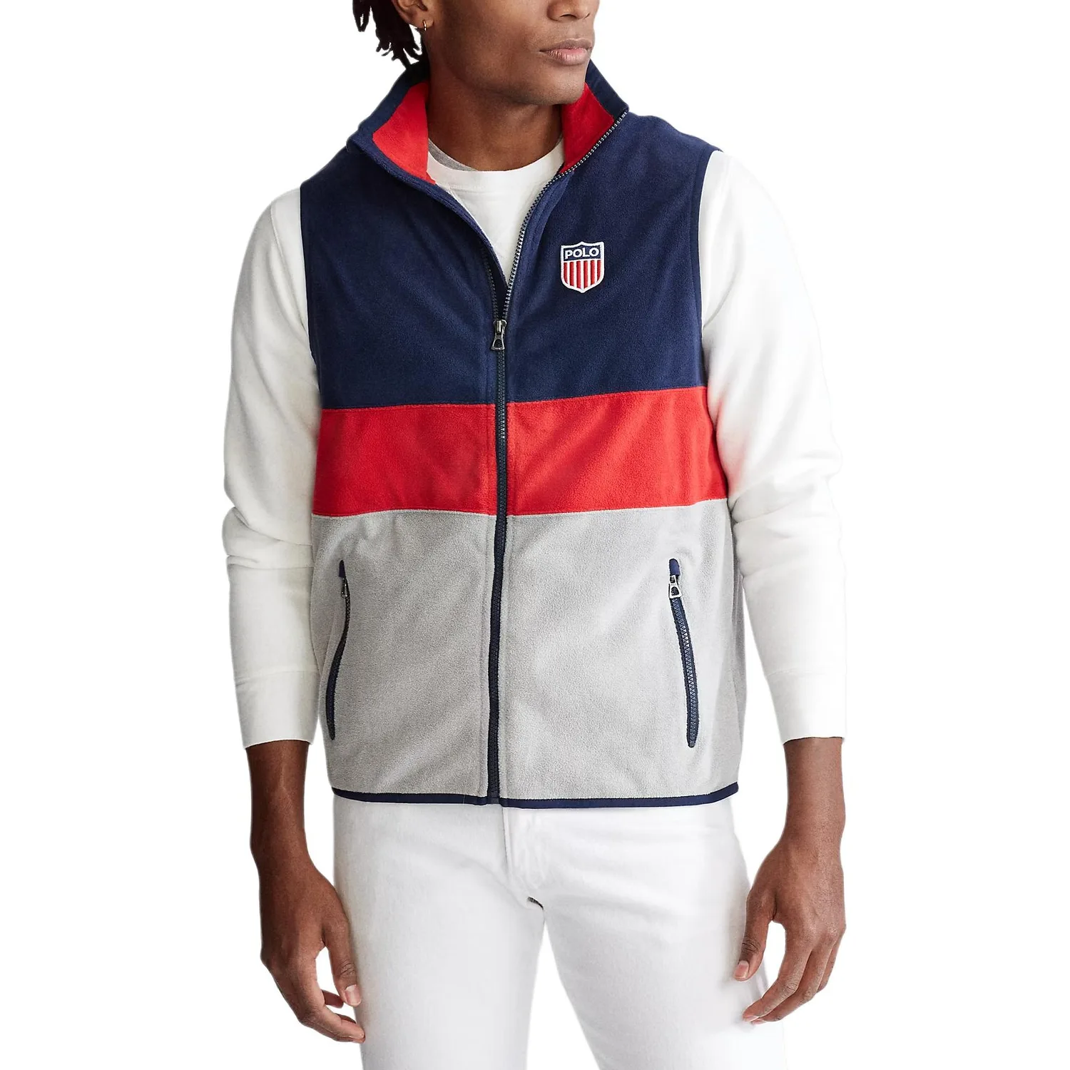 Polo Ralph Lauren Жилет мужской морской синий серый в стиле пэчворк с отложным воротником — фото 3