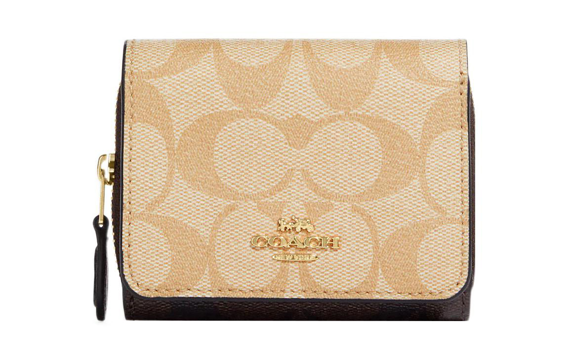 

COACH Кошелек-держатель для карт из ткани с покрытием и гладкими кожаными деталями, женский, небольшого размера, светло-хаки и коричневого цвета