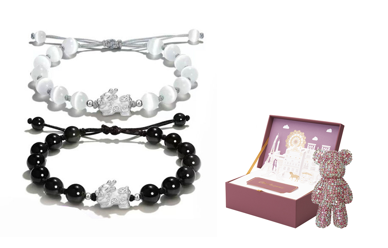 

Браслеты из клубничного кварца и обсидиана unisex West Island, Couple Set - Flower Note Gift Box