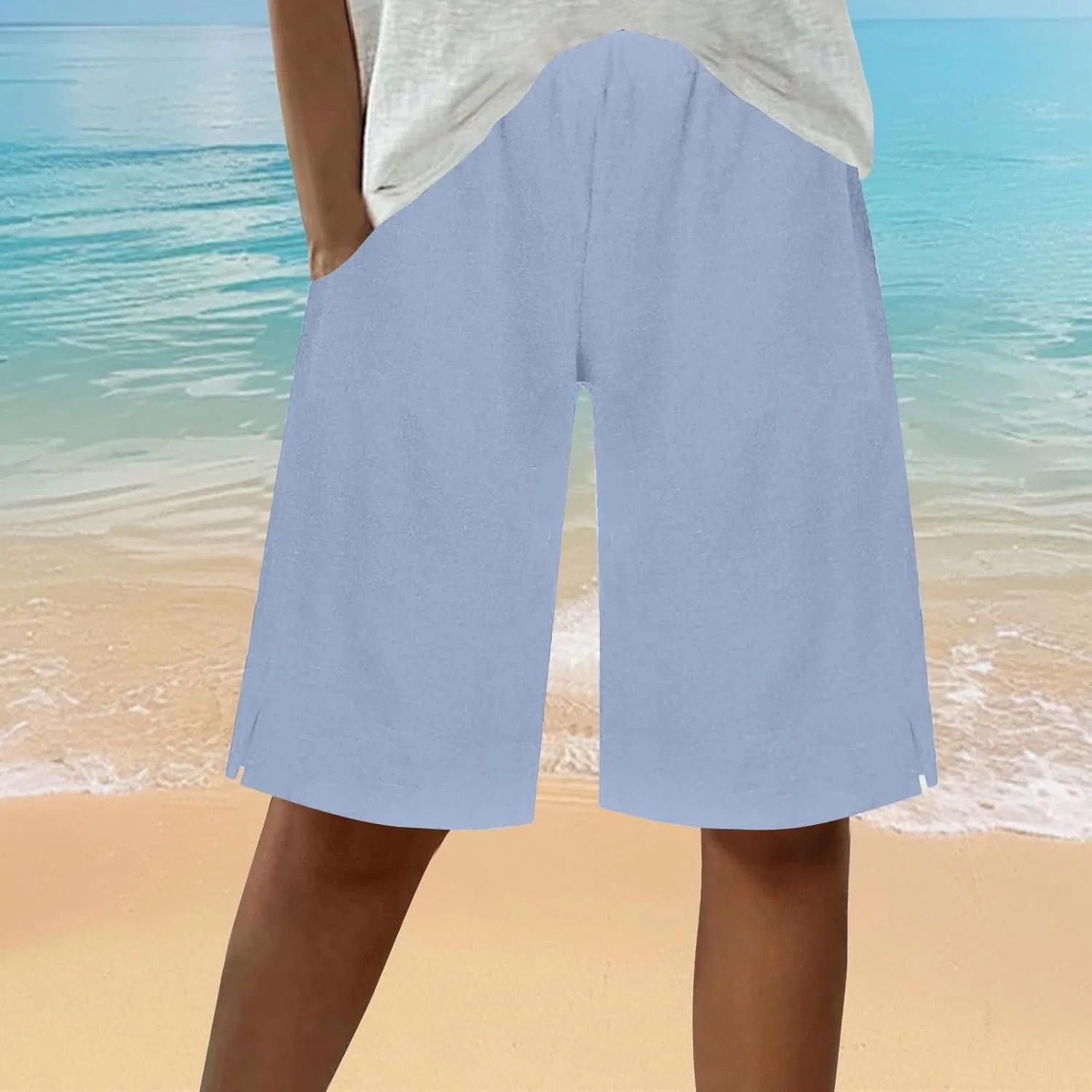 Шорты бермуды женские из льна, Light Blue — фото 3