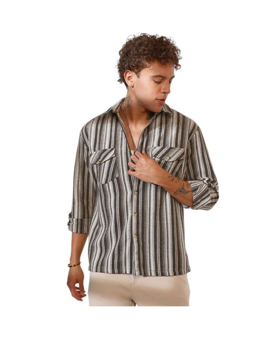 

Мужская рубашка оверсайз в полоску серо-коричневого и сепийного цвета с многослойным рисунком Campus Sutra, Brown