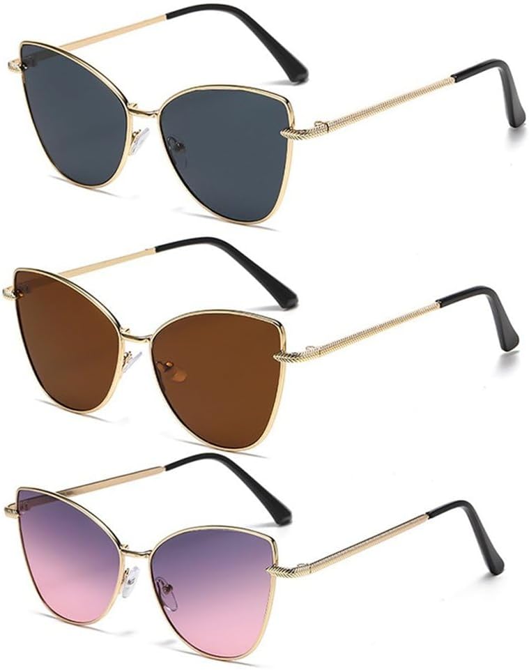 

Ретро металлические солнцезащитные очки в форме «кошачий глаз» в маленькой оправе для женщин, модные, в уличном стиле, декоративные, с защитой от УФ-излучения UV400 LOVQZAOF, 3pcs Gold Brown Pink