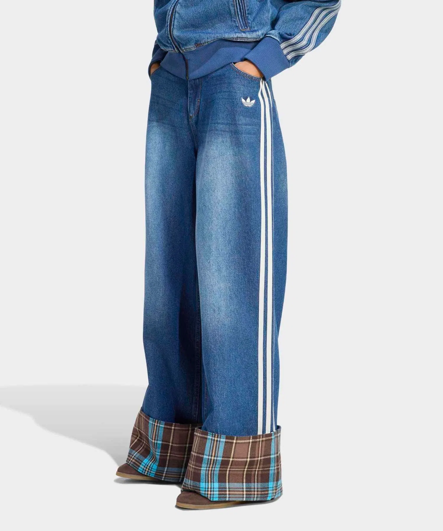 Винтажные джинсы с широкими штанинами и клетчатым швом / adidas Originals