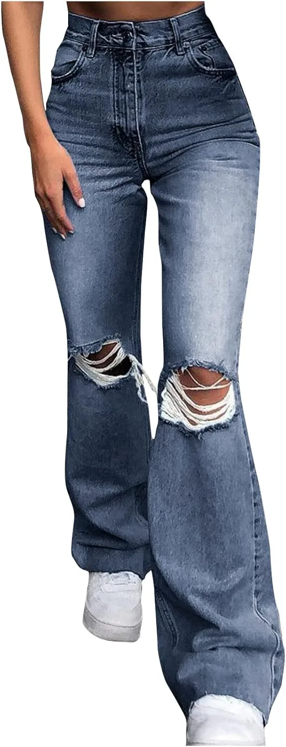 

Ruziyoog Женские джинсы Flare Bell Bottom High Waist Ripped Wide Leg