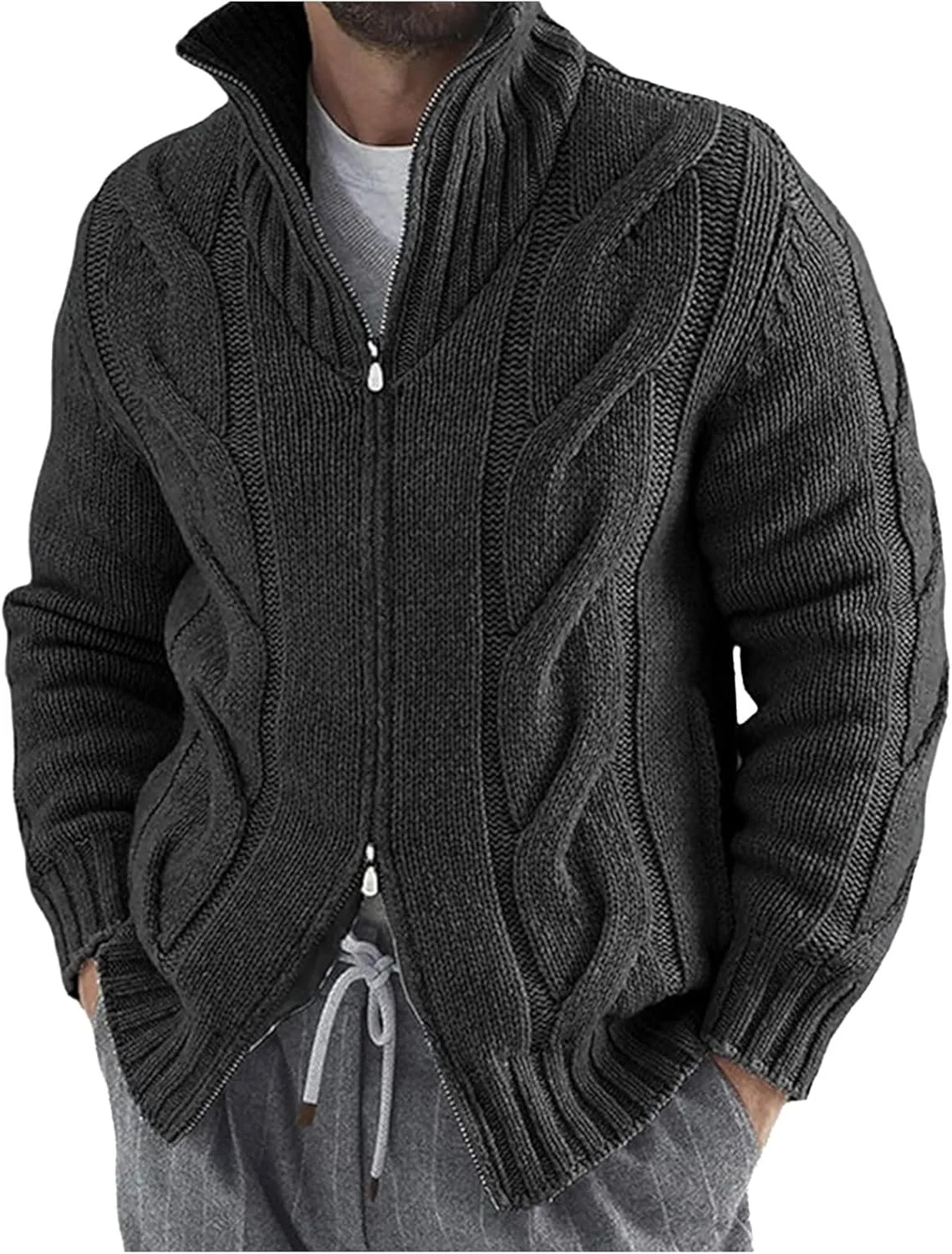 

Мужской кардиган с воротником стойкой, кабельная вязка, молния