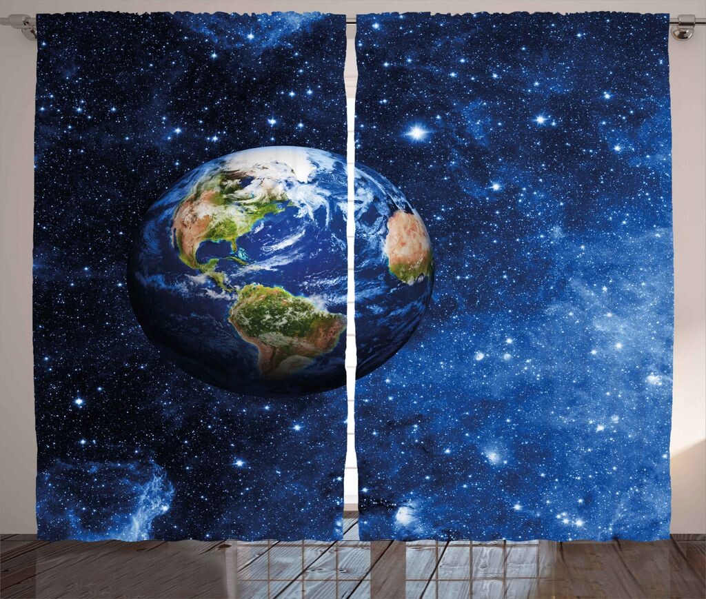

ABAKUHAUS Space Rustic Curtain, Планета Земля, Солнечная система, Универсальные ленточные шторы для гостиной с петлями и крючками, 280 x 260 см, Зеленый Синий