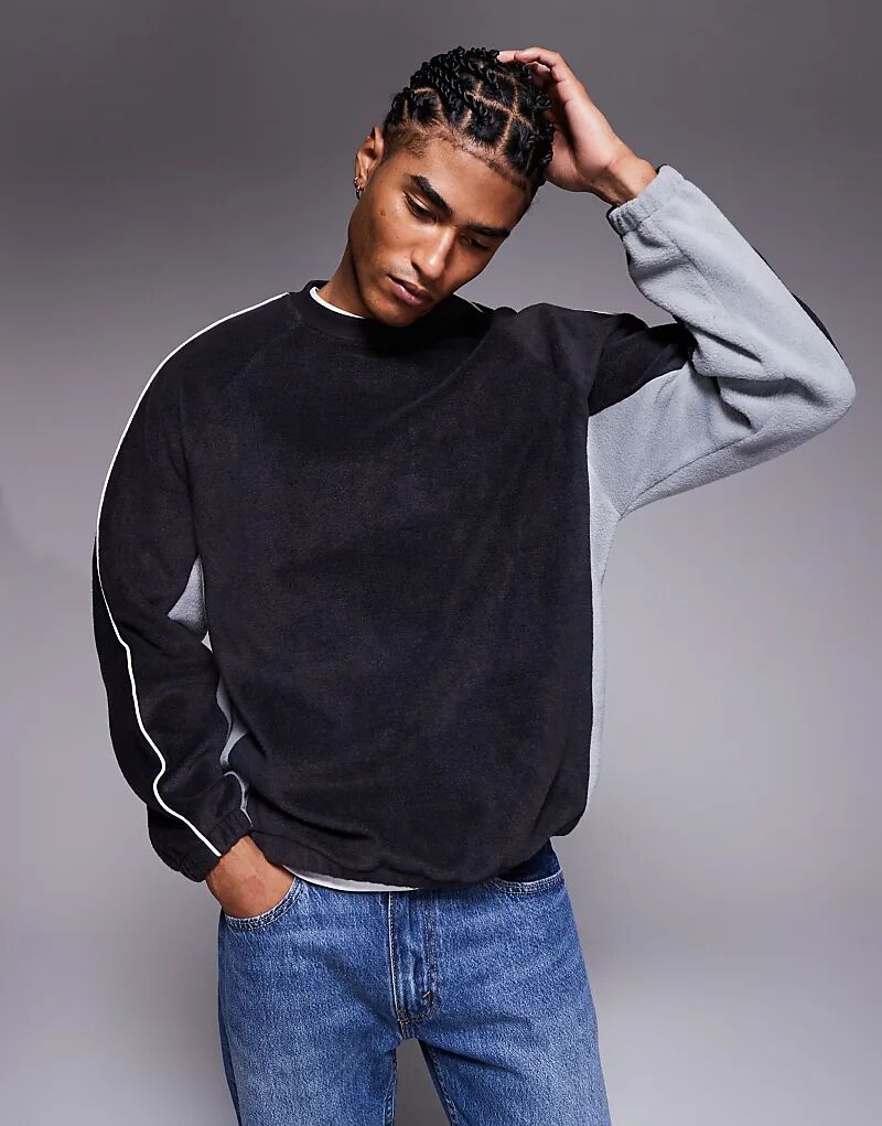 

Свободная флисовая толстовка ASOS DESIGN с окантовкой и цветными блоками серого цвета