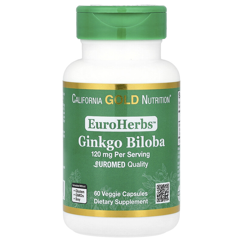 

California Gold Nutrition, EuroHerbs, экстракт гинкго билоба, качество Euromed, 120 мг, 60 растительных капсул
