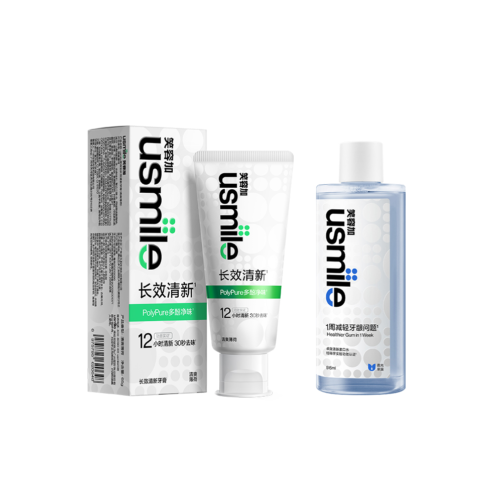 

Эффективная защита десен для здоровья полости рта Зубные пасты и ополаскиватель Двойное действие Очищение Свежесть дыхания Usmile, Long-Lasting Fresh Toothpastes+Morning Glory Mouthwash 515ml Bottle