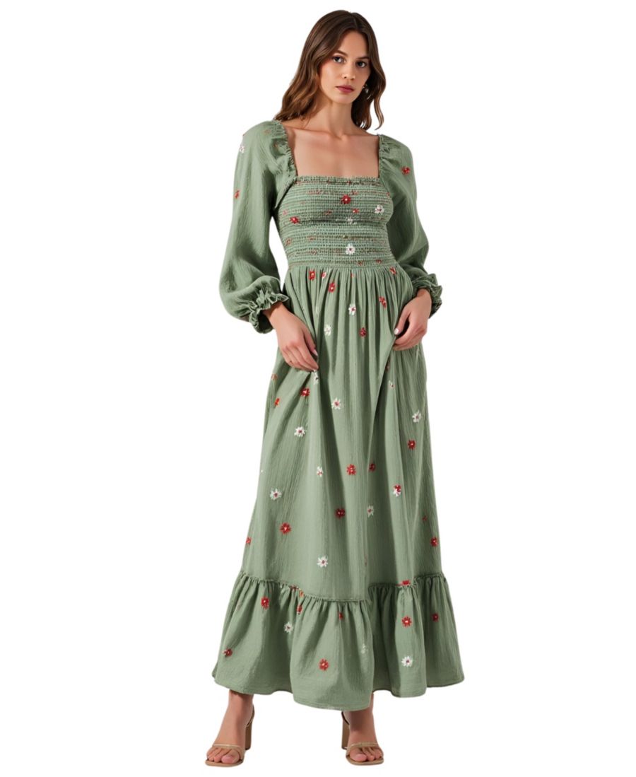 

Женское длинное платье с цветочной вышивкой и сборками Modenaire, Soft sage