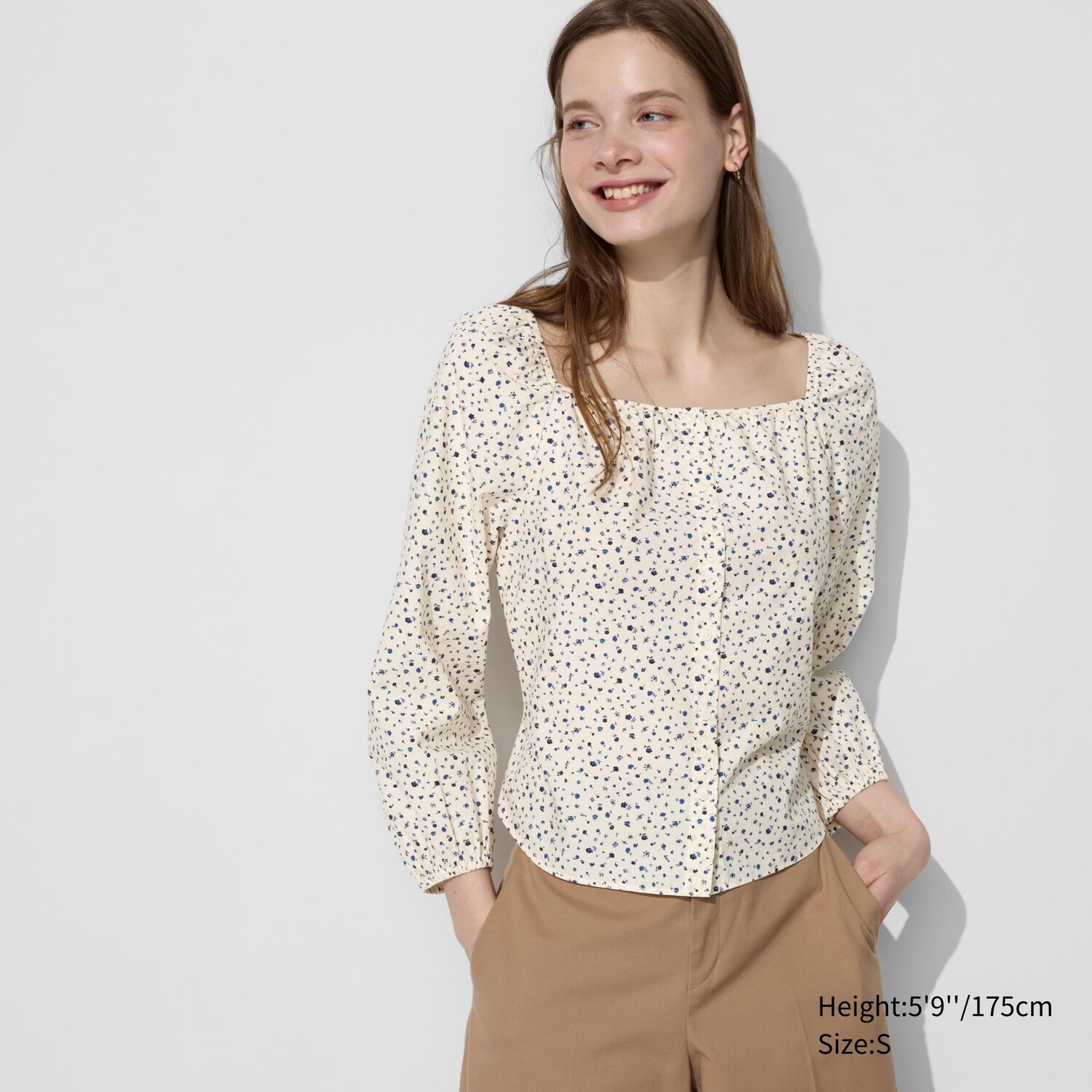 

Хлопковая блузка с квадратным вырезом и принтом UNIQLO, белый