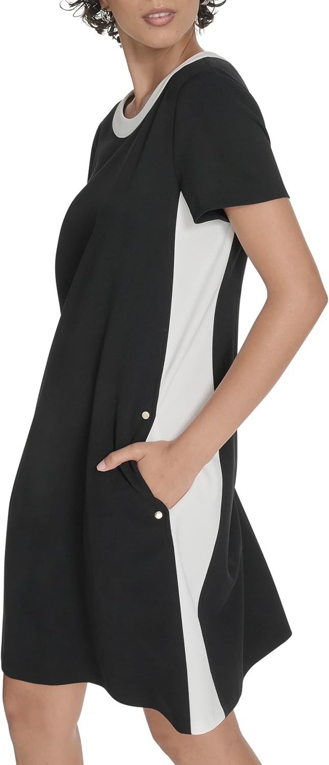Женское платье-трапеция Tommy Hilfiger с короткими рукавами из крепа Scuba, Black/Ivory — фото 3