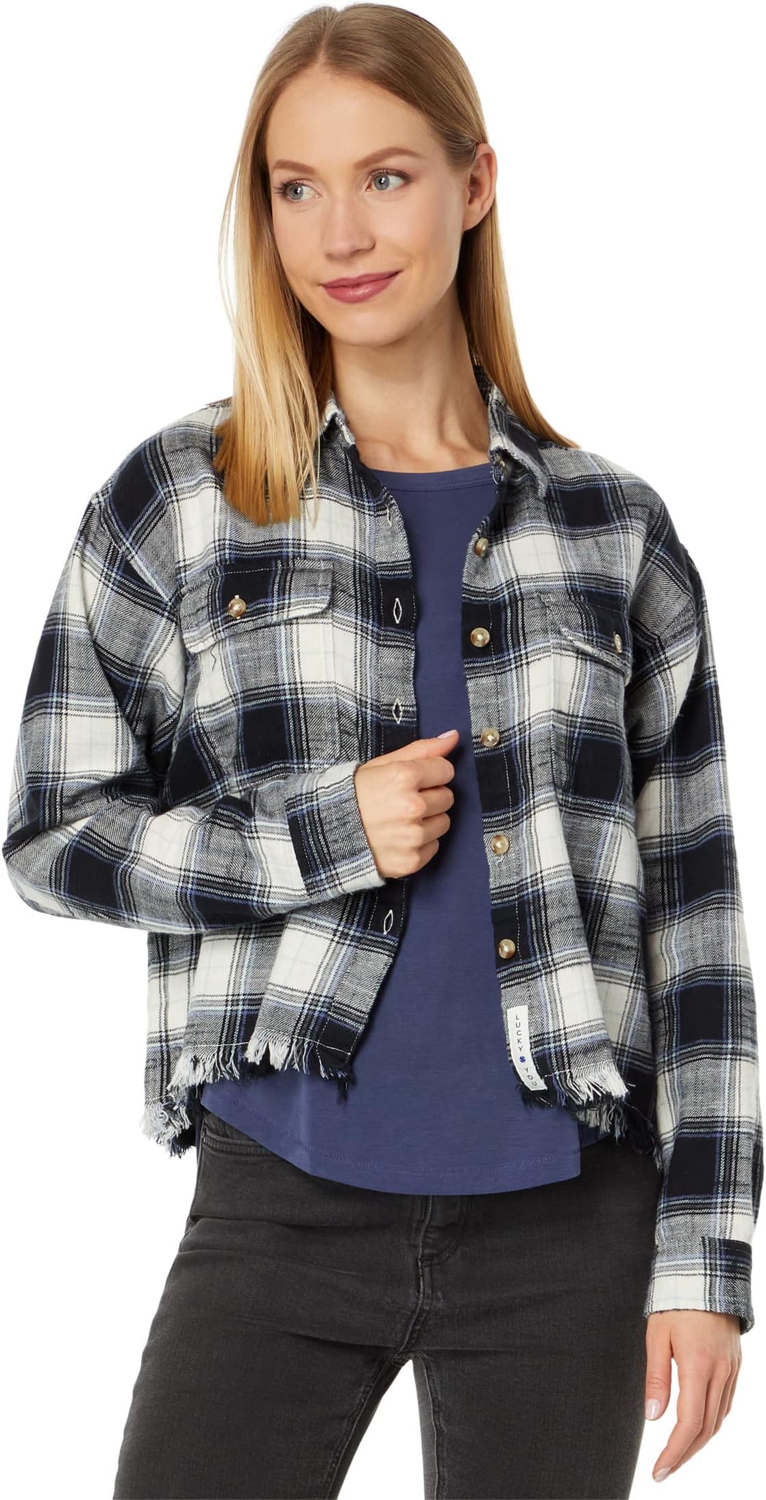 

Рубашка Lucky Brand Raw Edge Plaid Cropped Button-Down Shirt, цвет Black Plaid