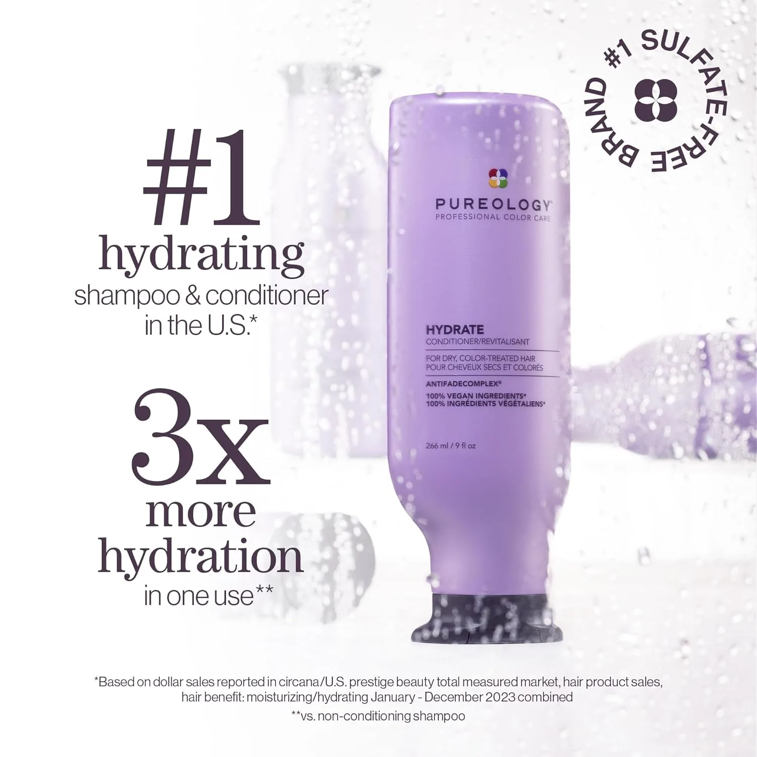 Увлажняющий кондиционер Pureology Hydrate - для сухих или окрашенных волос, питательный кондиционер для восстановления влаги и сохранения увлажненности, веганский продукт. 1000 мл (.) — фото 2