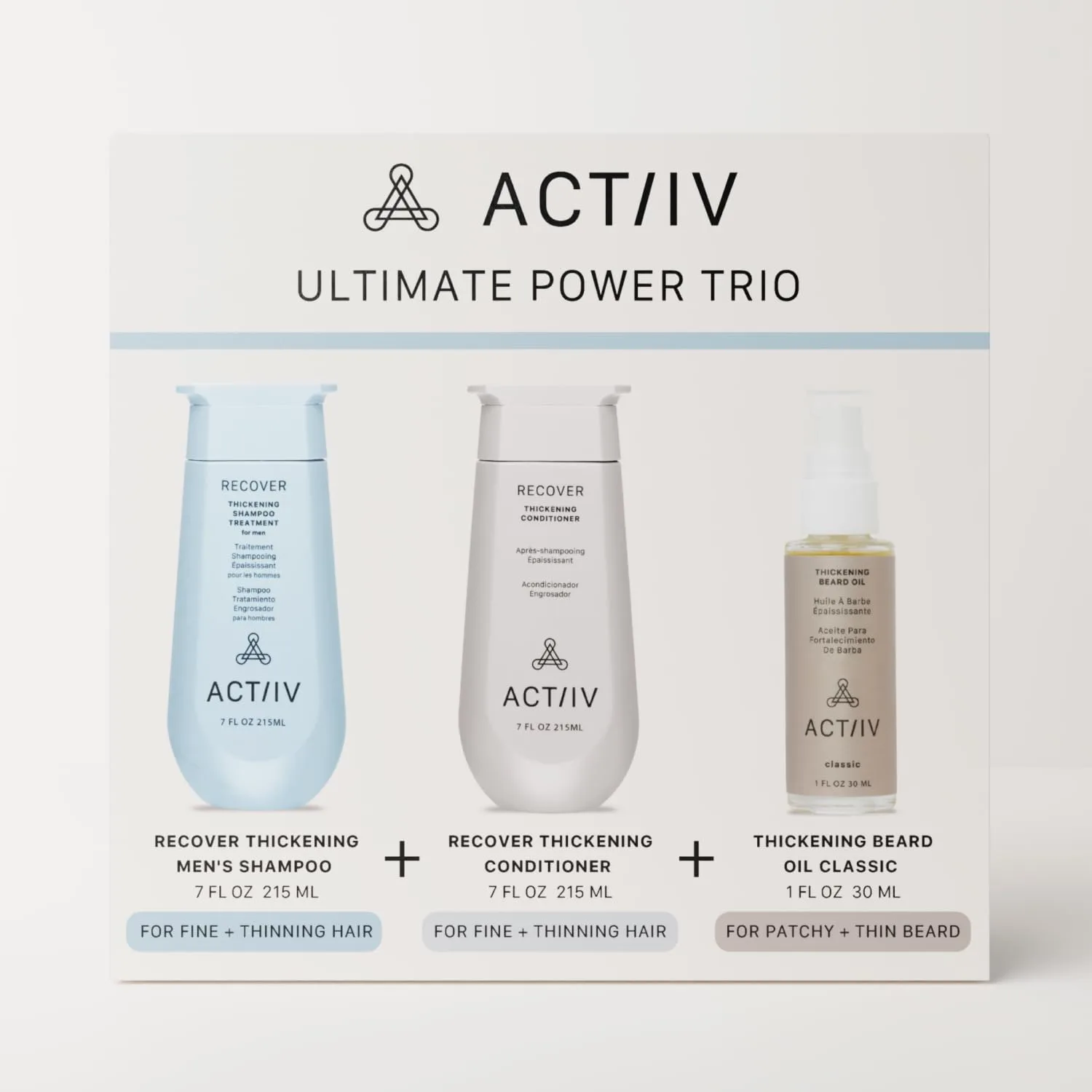 ACTIIV Ultimate Power Trio для мужчин: способствует густоте волос и бороды, укрепляет и увлажняет, набор включает шампунь, кондиционер и масло для бороды, Vegan, Color-Safe, для всех типов волос и бороды — фото 2