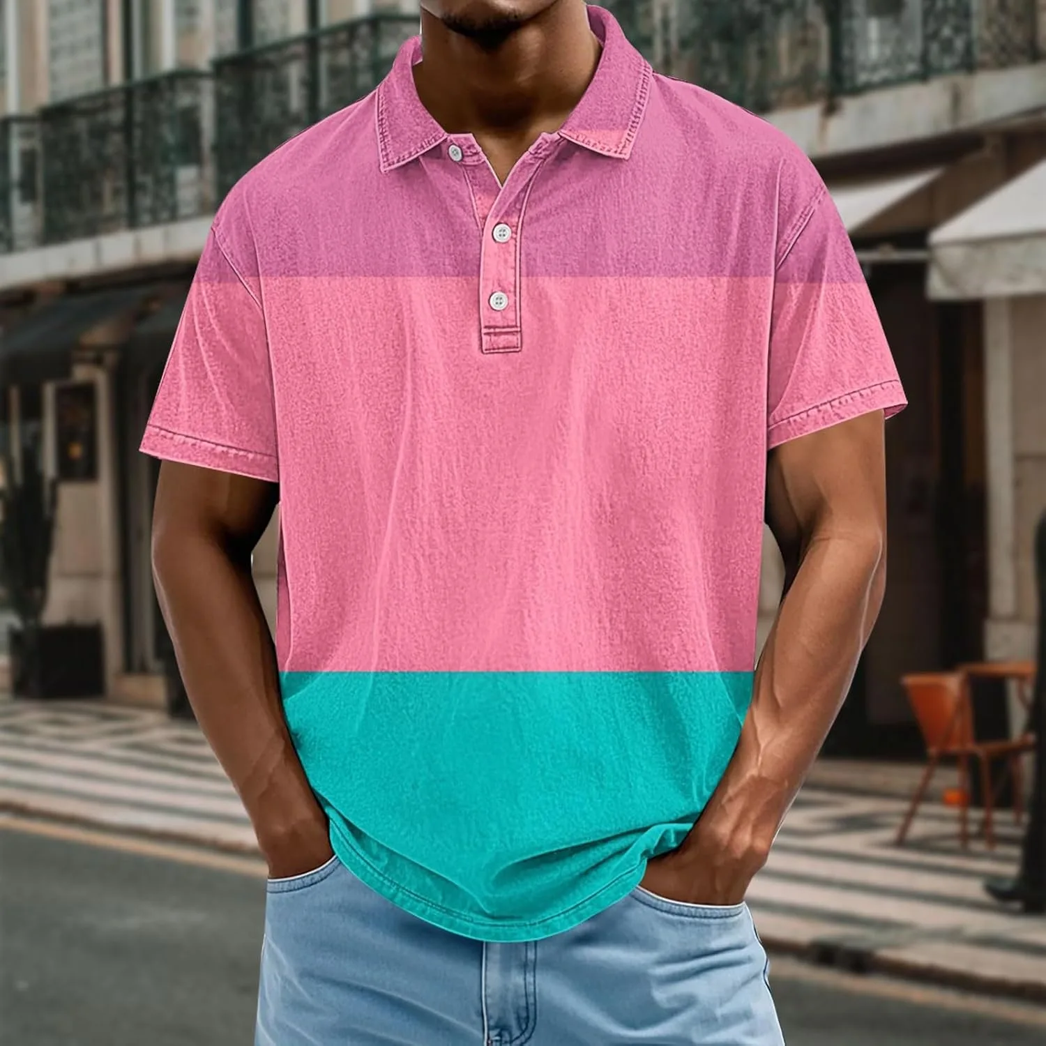 Мужская поло с цветными блоками, casual, короткий рукав, полосатая — фото 2