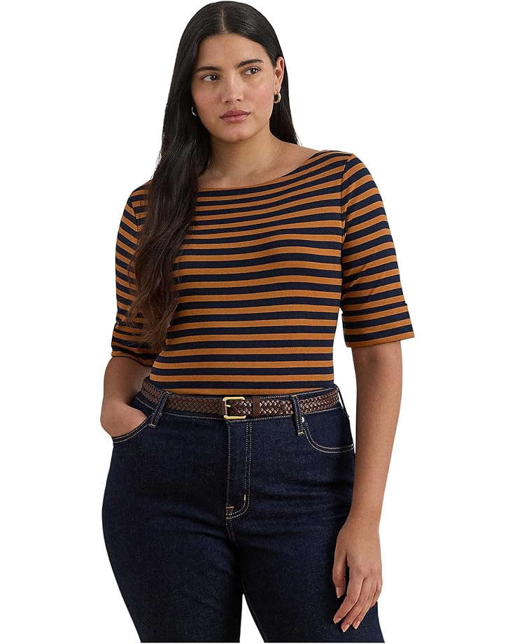 

Женская футболка Lauren Ralph Lauren Plus Size Striped Stretch Cotton Boatneck, Lauren Navy/Cinnamon Bark