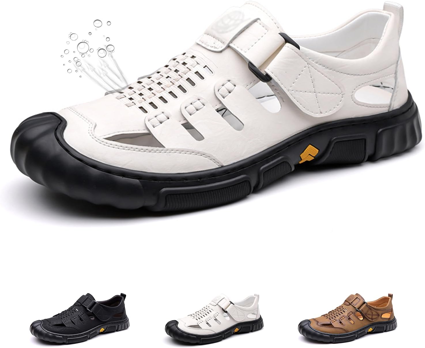 

Мужские сандалии из кожи с закрытым носком, пляжные, с регулируемой застежкой, легкие, удобные, дышащие, для активного отдыха, походов, водных видов спорта и пляжа Generic, белый