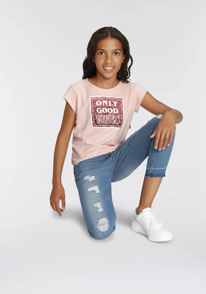 KIDSWORLD Футболка "ONLY GOOD VIBES", короткая, модного фасона, розовый — фото 4