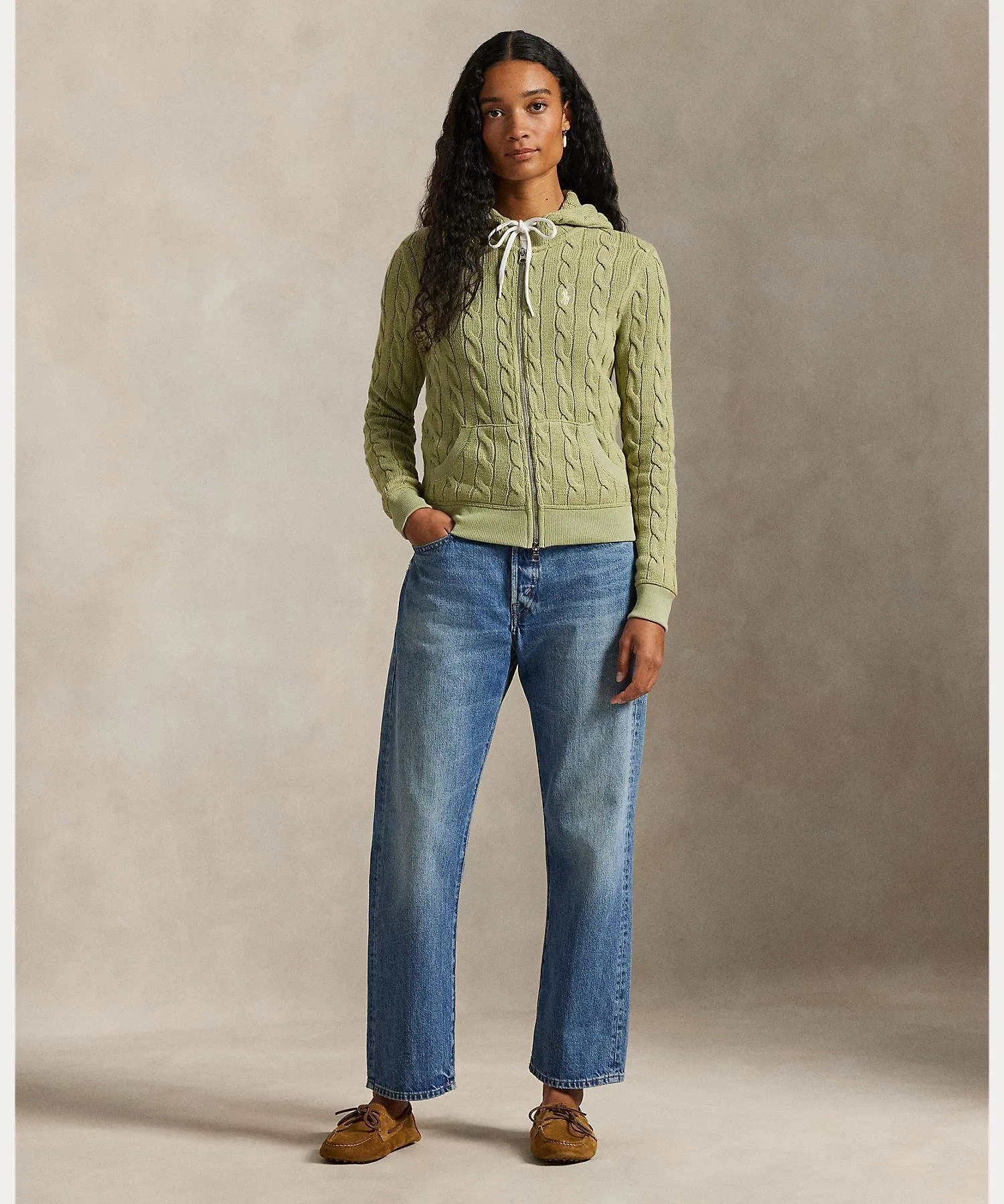 Хлопковая толстовка с капюшоном на молнии, связанная косами. Polo Ralph Lauren, 300 Green — фото 3